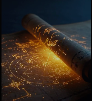 An illuminated astrology chart beneath a scroll marked with zodiac symbols