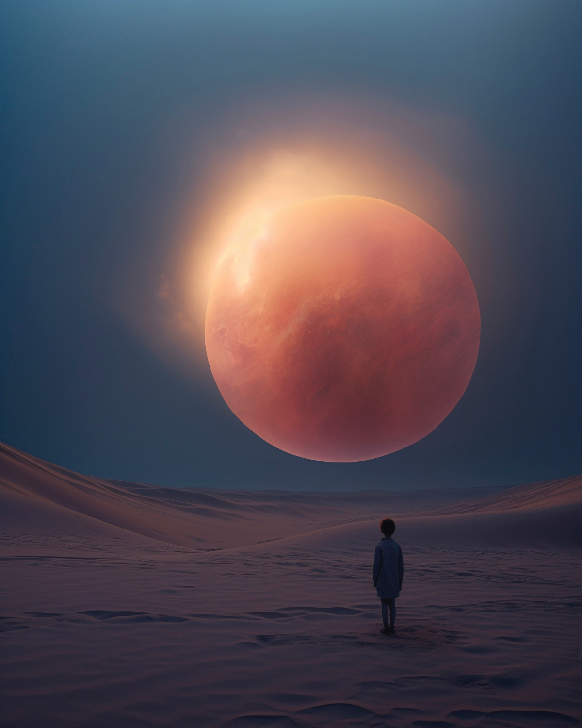 A person looking toward a luminous planet across an open landscape
